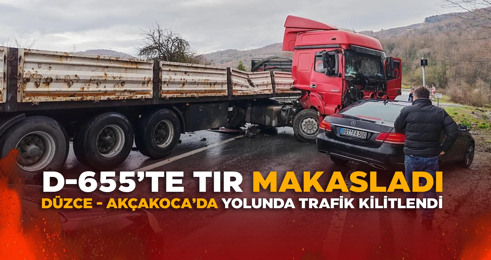 KAYGAN ZEMİNDE KONTROLDEN ÇIKAN TIR YOLU KAPATTI: D-655’TE UZUN ARAÇ KUYRUKLARI
